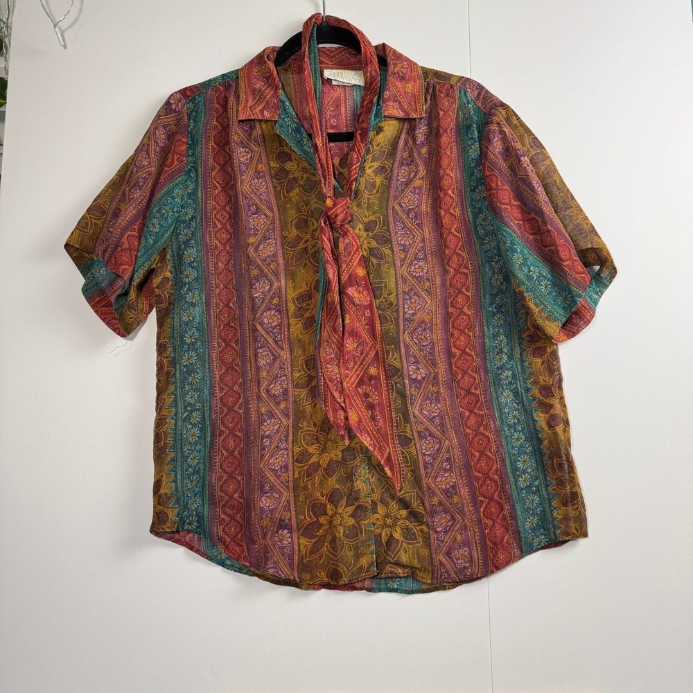 Vintage Chelsea Wearhouse Leslie Fay Paisley Floral Stripe Tie Neck Shirt Boho